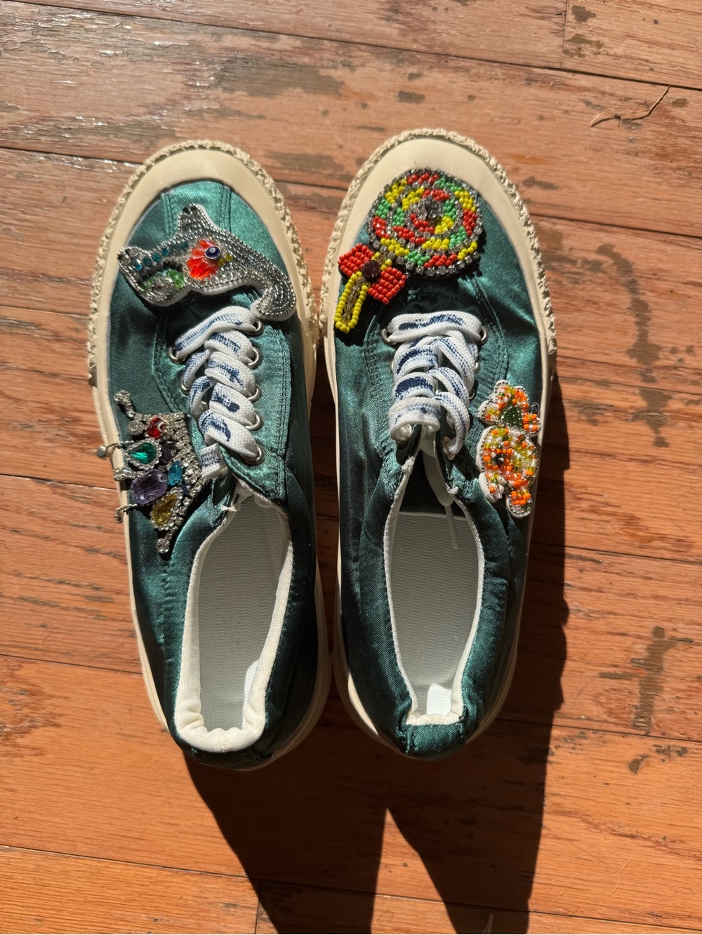 Embellished Green Satin Low-Top Sneakers - Picture 4 of 5